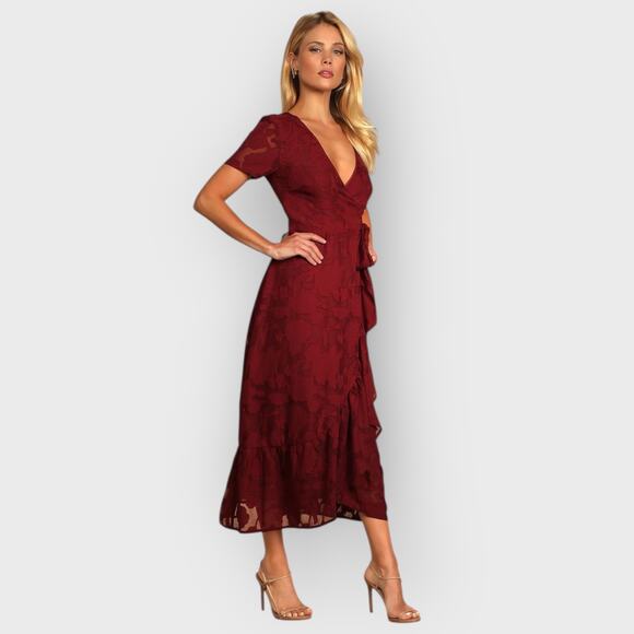 Lulus XS Burgundy Floral Midi Wrap Dress V-Neck Short Sleeve Romantic Occasion - Picture 2 of 10